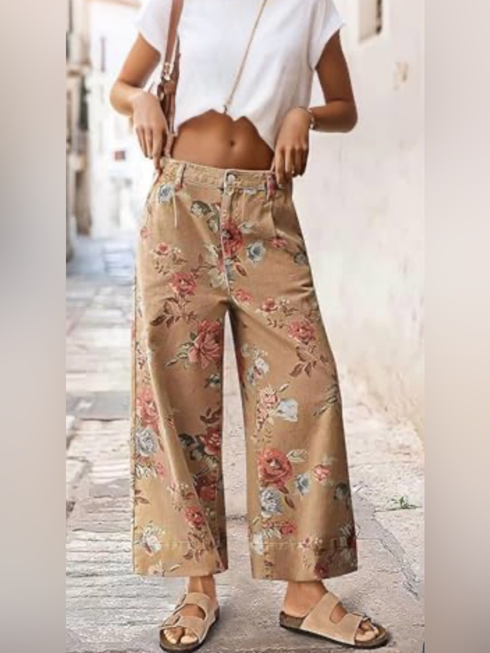 Floral Wide-Leg Crop Pants in Tan
